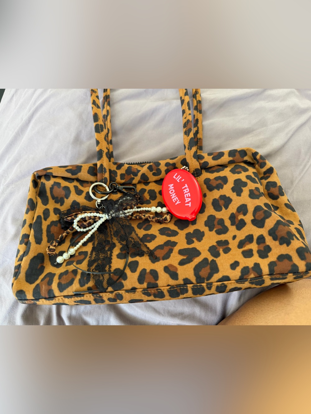 Baggu - Leopard Print bowler Bag with Pearl & Lace Charm - Brown